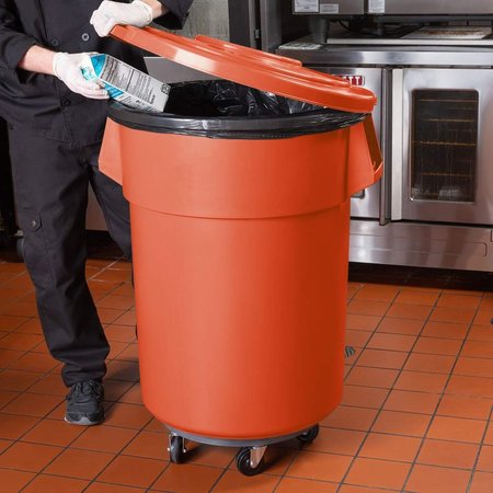 GLOBAL EQUIPMENT Plastic Trash Can with Lid   Dolly - 55 Gallon Orange 240464ORB